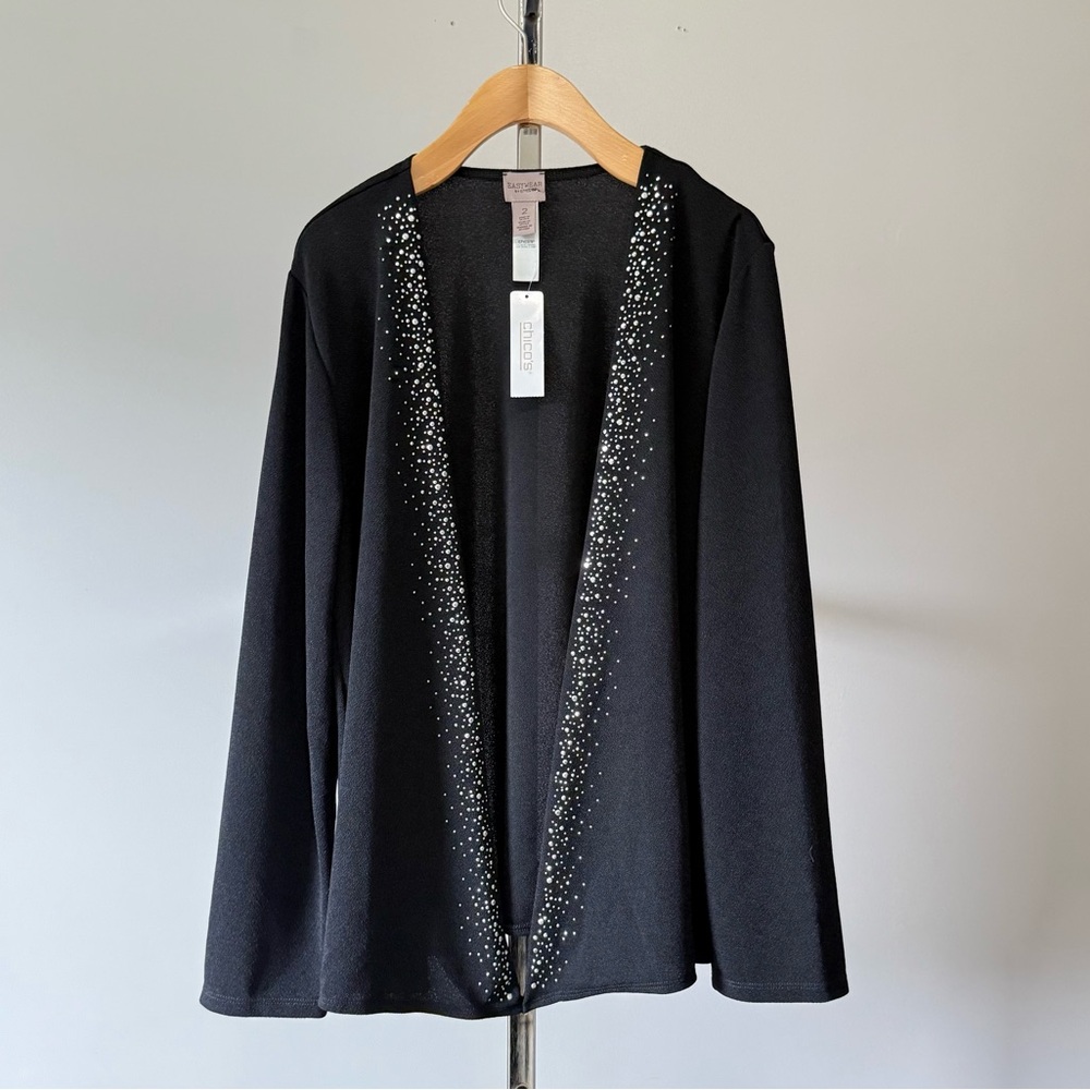Chico's Easywear Sparkle Trim Drape Front Jacket Black NWT 2